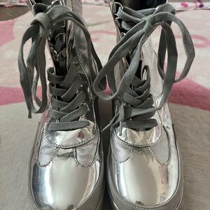 Cape Robbin Silver Combat Boots with Gray Laces